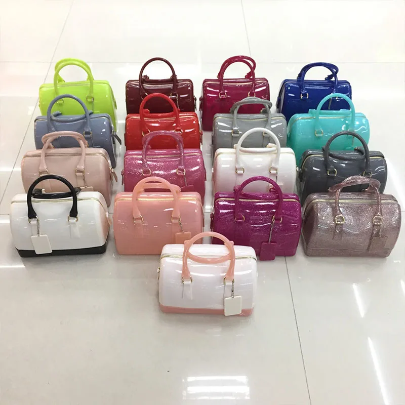 

Hot Style Candy Color Transparent Boston Bag Summer PVC Tote Silicone Small Hand Bags Mini Jelly Purse Rivet Jelly Handbag, Same as pisture