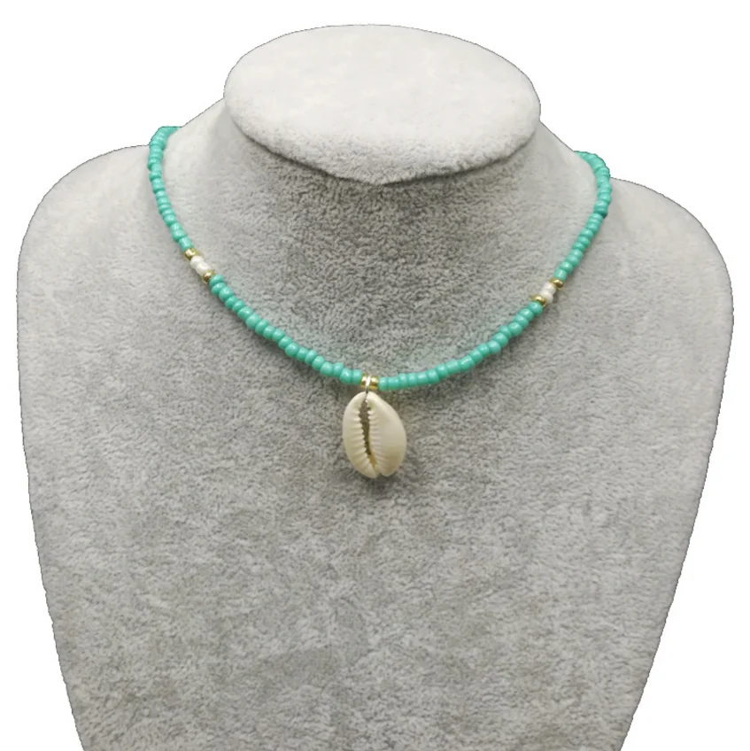 

Bohemian Shell Pendant Green Rhinestone Beaded Necklaces Chokers Charm Long Statement Collar Women Summer Jewelry, Photo