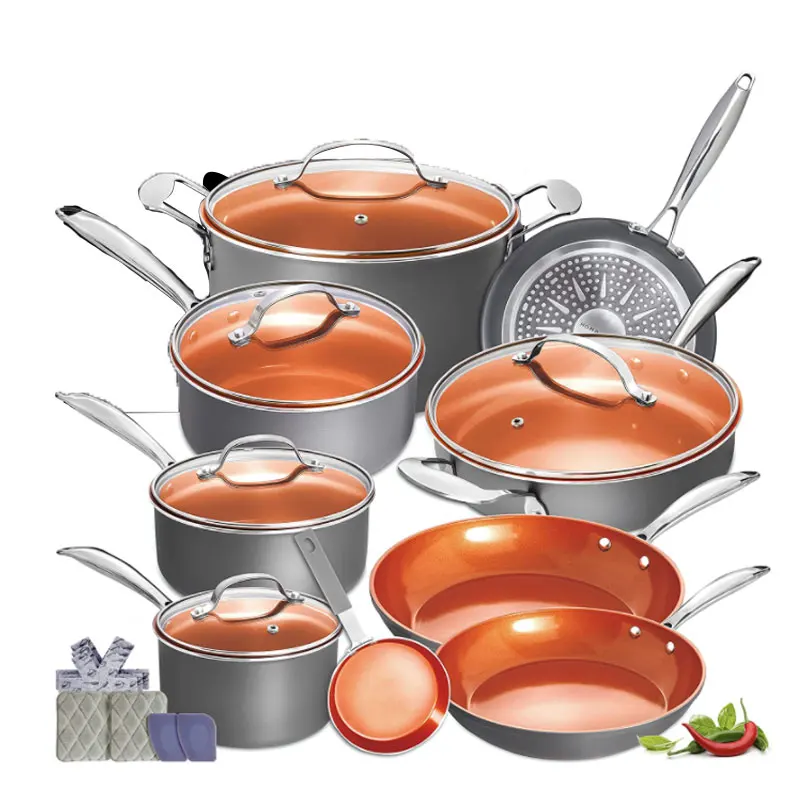 

Amazon hot sell 14 Pc Stainless Steel Nonstick Induction Kitchen Cookware Sets Copper Pots Pans Set