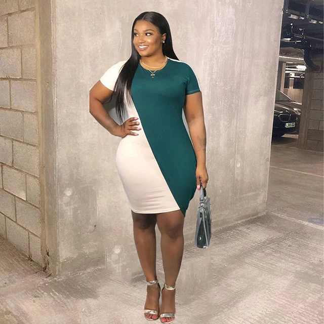 

2021 Casual Contrast Color Plus Size O Neck Short Sleeve Cotton Dress Oversized Tshirt Dress Woman -CY, Green