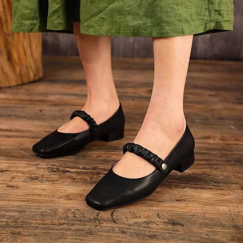 

Genuine Leather Spring Autumn Women Mary Janes Shoes Patent Leather Low Heels Dress Shoes Square Toe Buckle Strap Girls Shoes