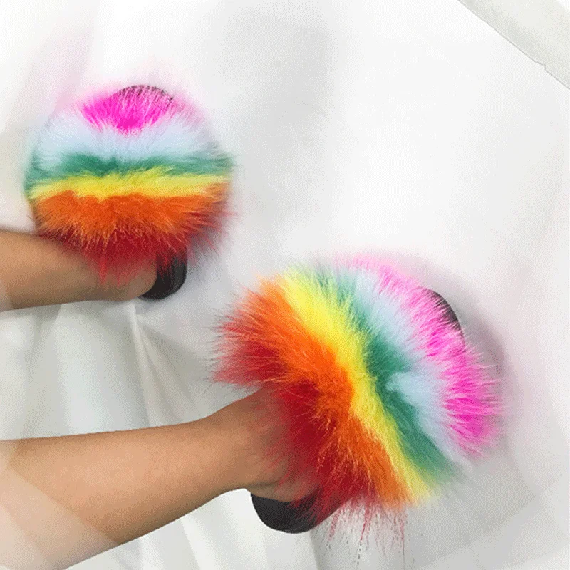 

2021 Fur slippers for toddlers and women fox fur slippers real slippers women soft real fox fur slides, White red pink blue purple...