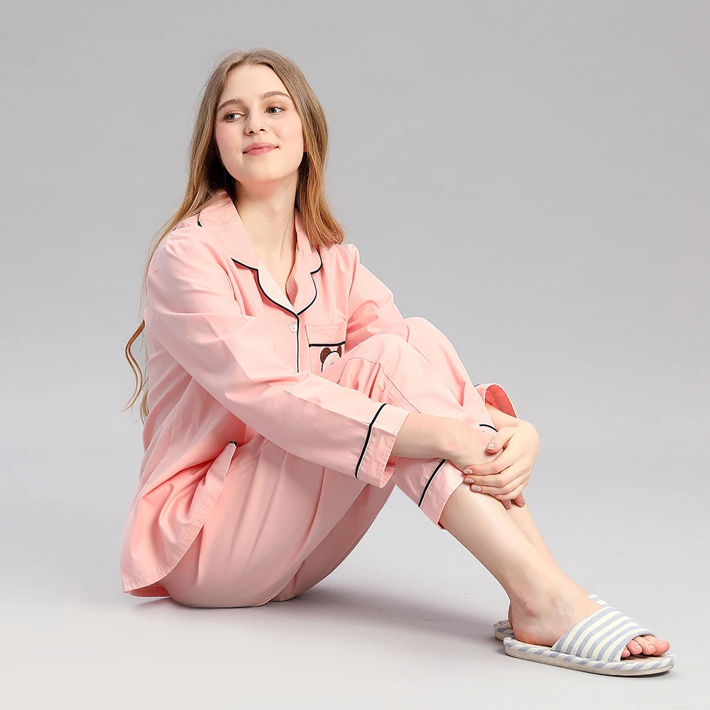 

Long sleeve pink 100 pure cotton jersey blank pajamas pjs lounge wear nightgowns women ladies pijama personalizada pyjamas set