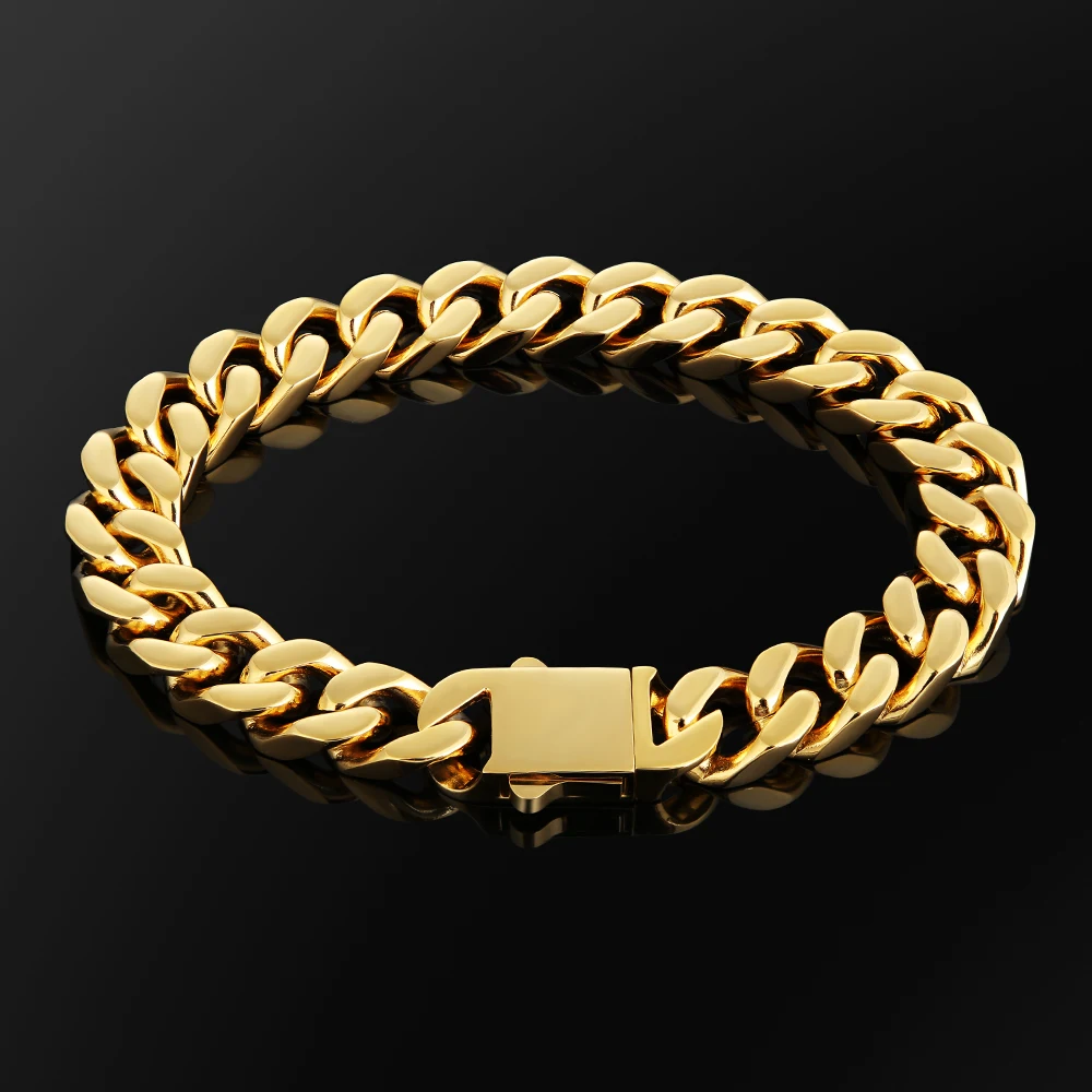 

KRKC Wholesale Hip Hop Jewelry 12mm 14mm 18K Gold Plated Stainless Steel Miami Cuban Link Bracelet Mens Chains