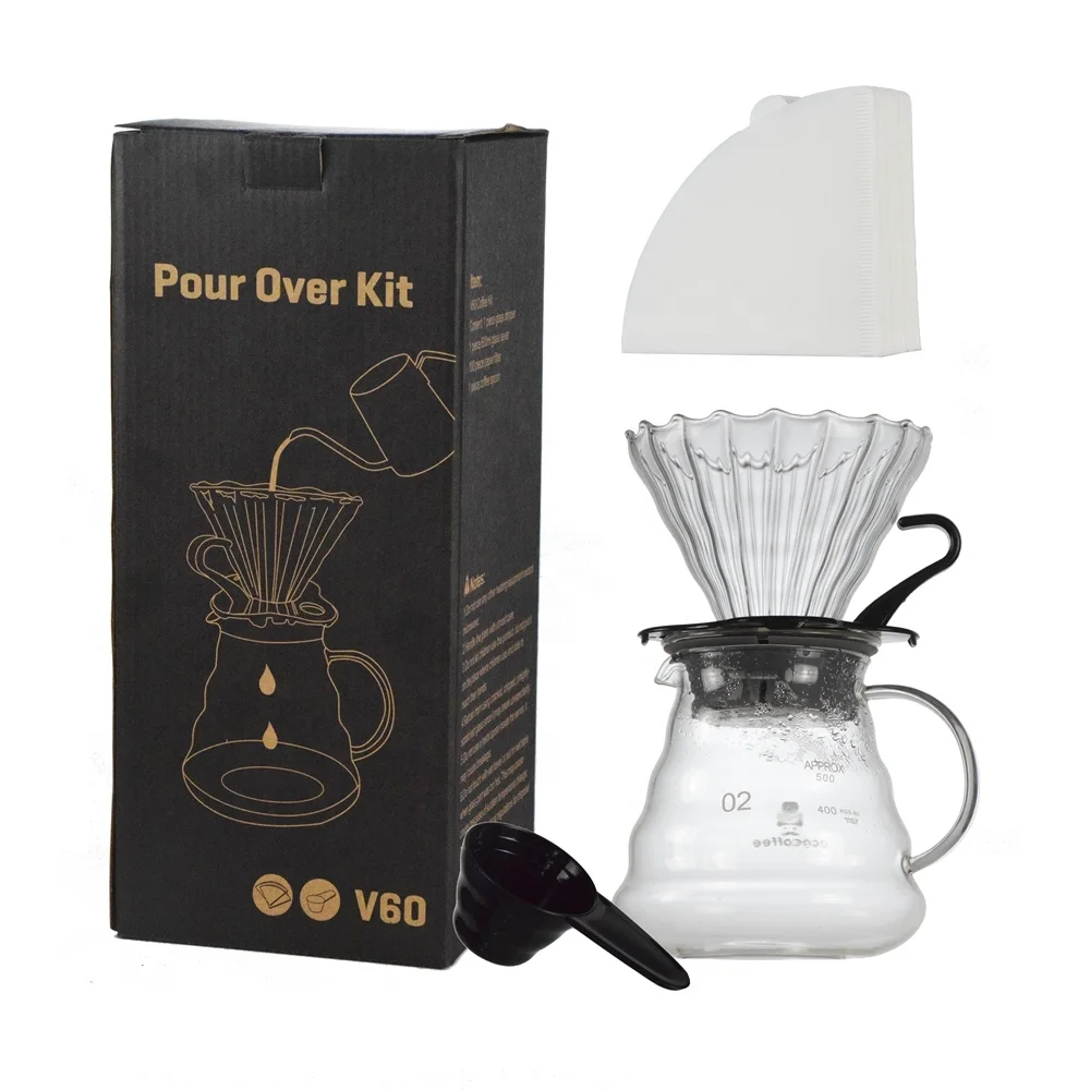 

New Customized V60 Coffee Dripper Set Borosilicate Glass Filter Pot with Package Bag Coffee Maker Accessories