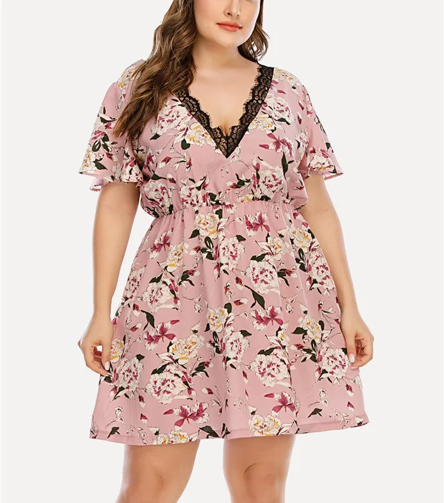 

2021 Summer Hot Sale Plus Size Floral Dress V-neck Short-sleeved Dress, Picture color