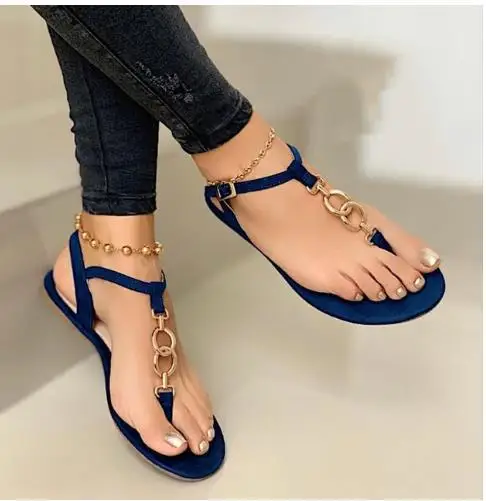 

Women's sandals new products in summer 2021 metal decorative flat bottomed women's sandals leisure beach sandals drop shipping, White, blue, gold