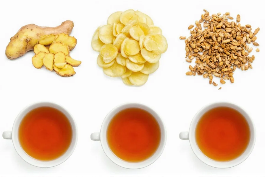 Various ginger tea preparation methods showing fresh ginger slices, dried ginger, and finished tea
