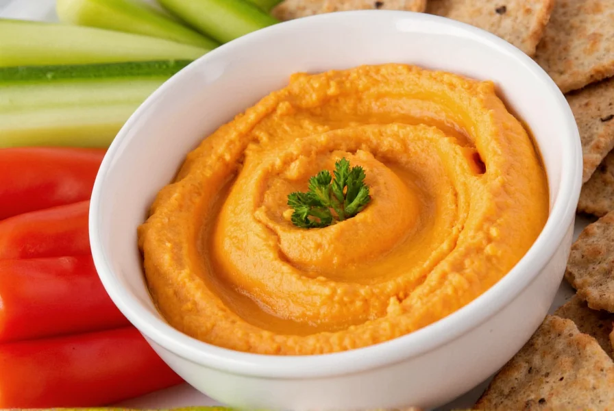 Creamy red pepper hummus in a white bowl surrounded by fresh vegetables and pita bread