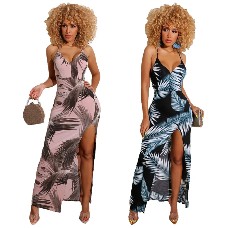 

Hot Sale New Style European and American Fashion Women's Long Sexy Dress with Printed Slit Suspenders, Picture color