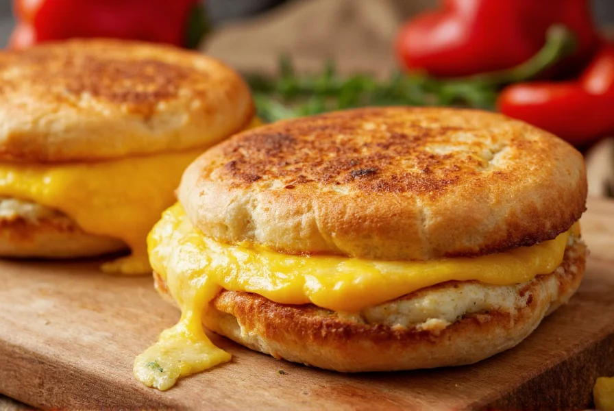 Close-up of perfectly cooked pepper egg sandwich with melted cheese oozing out, on wooden cutting board with fresh bell peppers and herbs