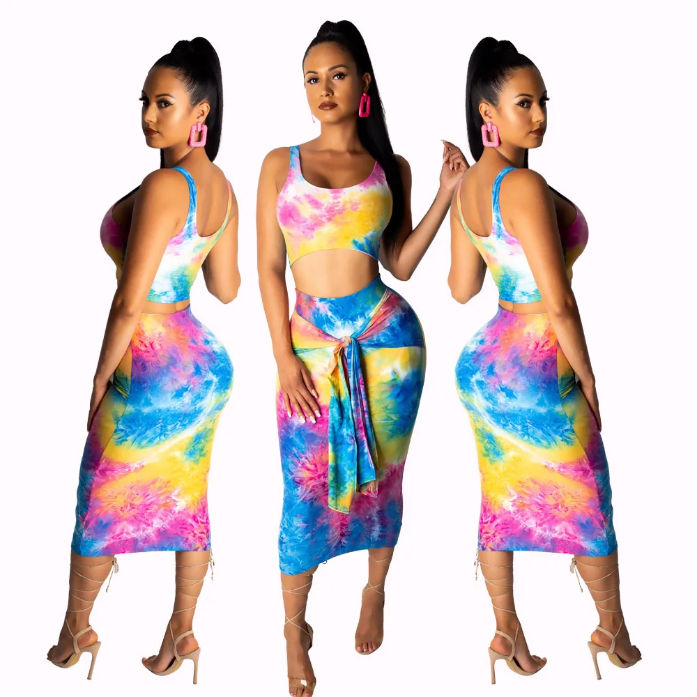 

Customized Fashion Sexy Women Set Sleeveless Vest Long Skirt Two Piece Suit With Belt, Picture