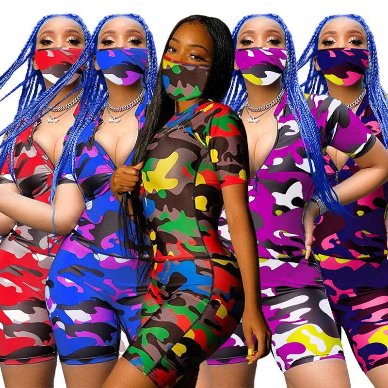 

Wholesale 2021 summer women clothing camouflage T-shirt and short pants sports sets two pieces with mask (CA3191), Picture
