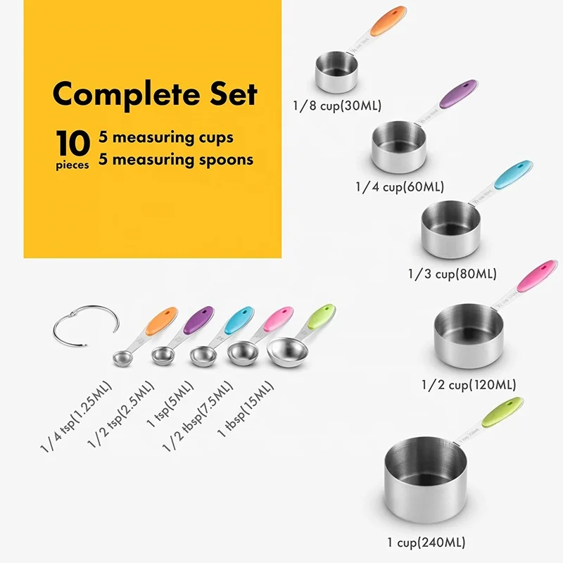 
10 Piece Measuring Cups Measuring Spoons Set Stainless Steel Measuring Cup Spoon for Baking Tea Coffee Kitchen Measuring Tools 
