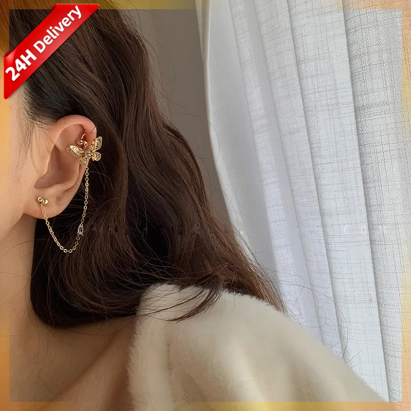 

HOVANCI earrings women 2021 Fashion Chain Earring Cuff Dangle Cute Butterfly Ear Bone Clip Earrings