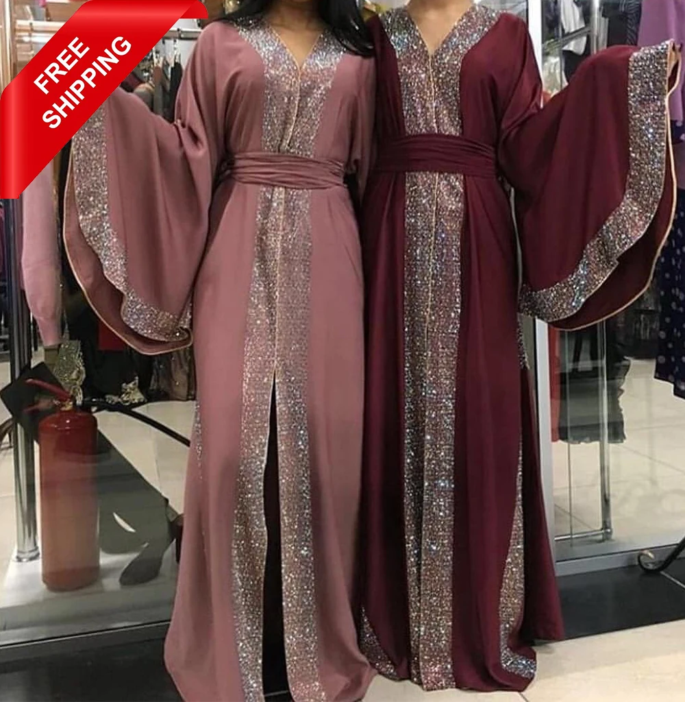 

Abaya Dubai Muslim Kimono Cardigan FREE SHIPPING Wine Red Robes Moroccan Islamic Clothing For Wedding Party, Wine red, dusty pink, black