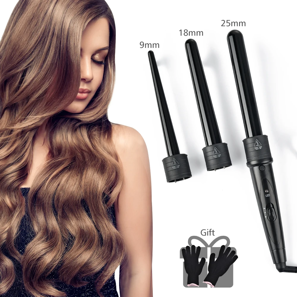

3 In 1 Electric Hair Curler Ceramic Heating Curly Hair Stick Curling Wand Interchangeable 3 Parts Clip Hair Iron Curling, Black