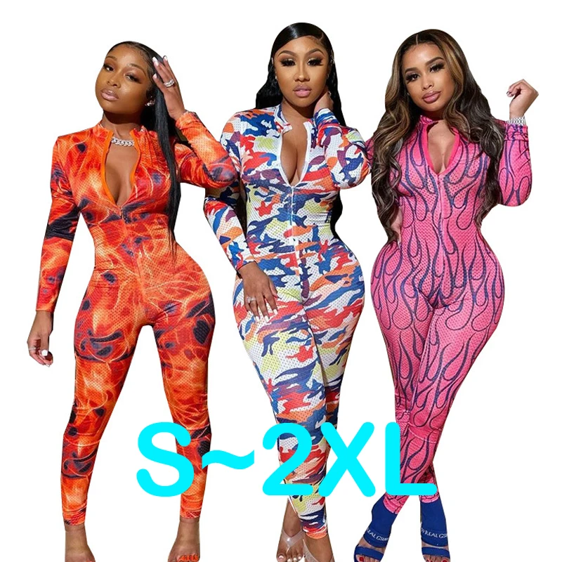 

Fashion Printed Hollow Out Summer Female Deep V-Neck Sexy Jumpsuit 2021 For Women Hollowed Mesh High Quality sexy Jumpsuit 2021