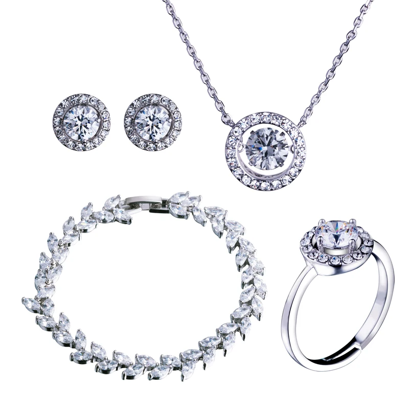 

High Quality Round Cut Zircon CZ Stud Earrings Necklace Ring Bracelet Jewelry Set for Wedding Bridal
