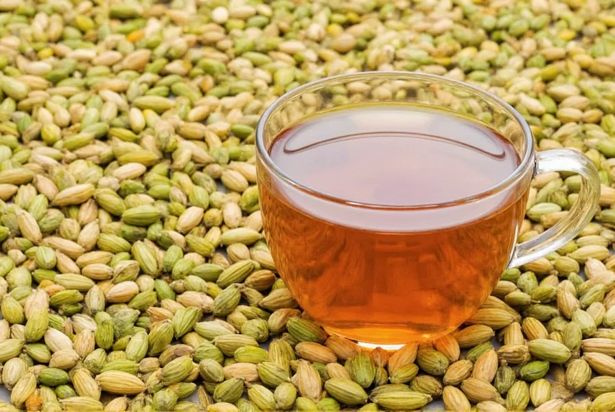 Assortment of high-quality green cardamom pods next to a traditional teapot and measuring spoons