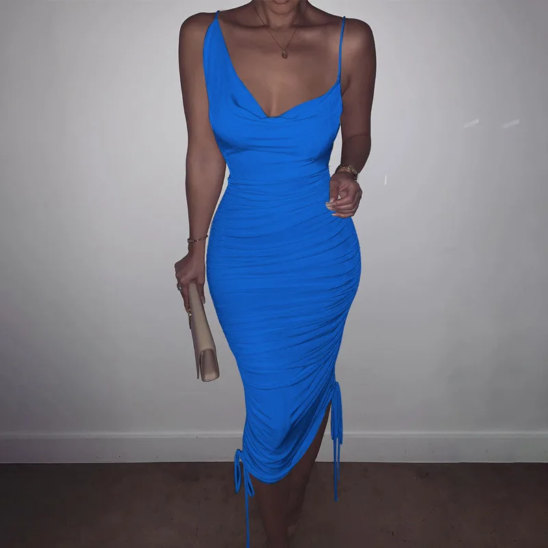 

X00932C Backless Sexy Women Party Dresses Sleeveless Drawstring Ruched Club Fashion 2020 Summer Bodycon Mini Dress, Black