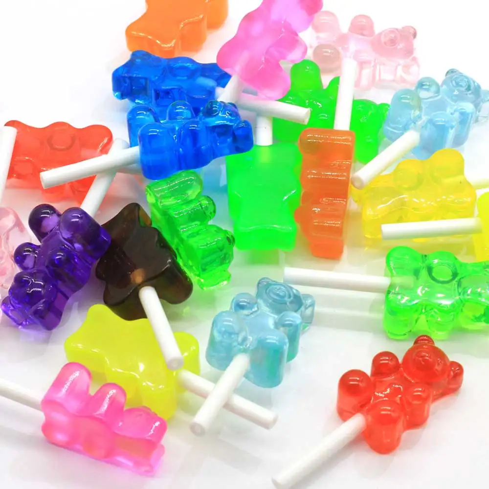 

100Pcs/Lot Cute Gummy Bear Lollipop Cabochons Dollhouse Miniature Gummy Bear Lollipop Flatback Resin Cabochons For Earring DIY