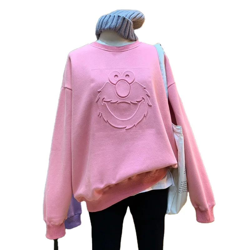 

Wholesale smile face oversized crew neck thick 3d embossed sweatshirt hoodies off the shoulder winter women sweatshirt