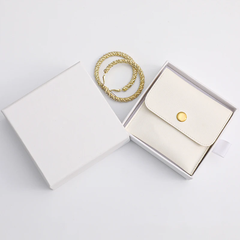 

Logo Customized Jewelry Box With Jewelry Packaging Pouch Snap Button Jewelry Pouch and Card Insert