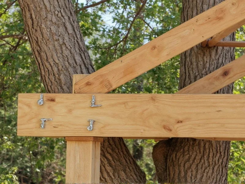 Close-up of lag bolts securing tree house platform to living tree