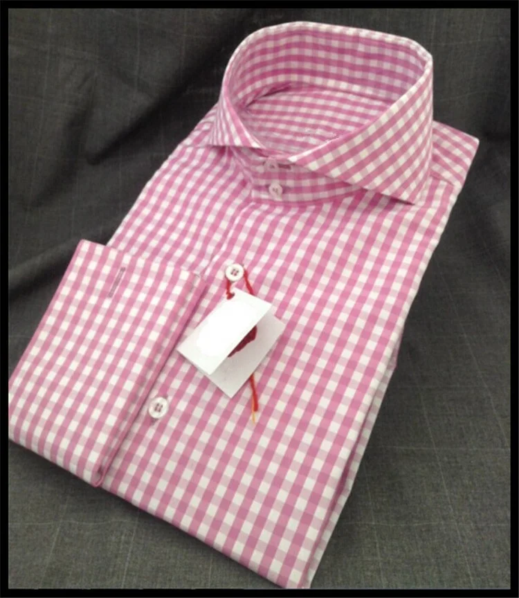 

Men's Elegant high quality Long sleeve cutaway-collar pink plaid business shirt