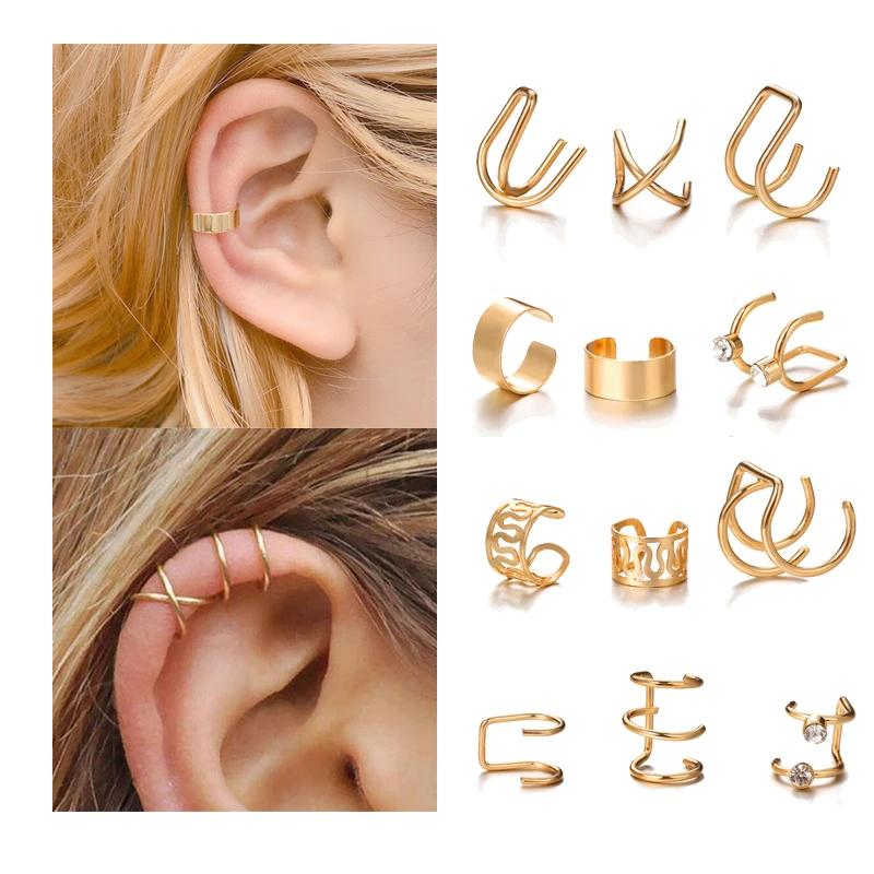 

12pcs/set Fashion Gold Color Ear Cuffs Leaf Clip Earrings No Piercing Cartilage Earring Accessories Gift For Women, As photos