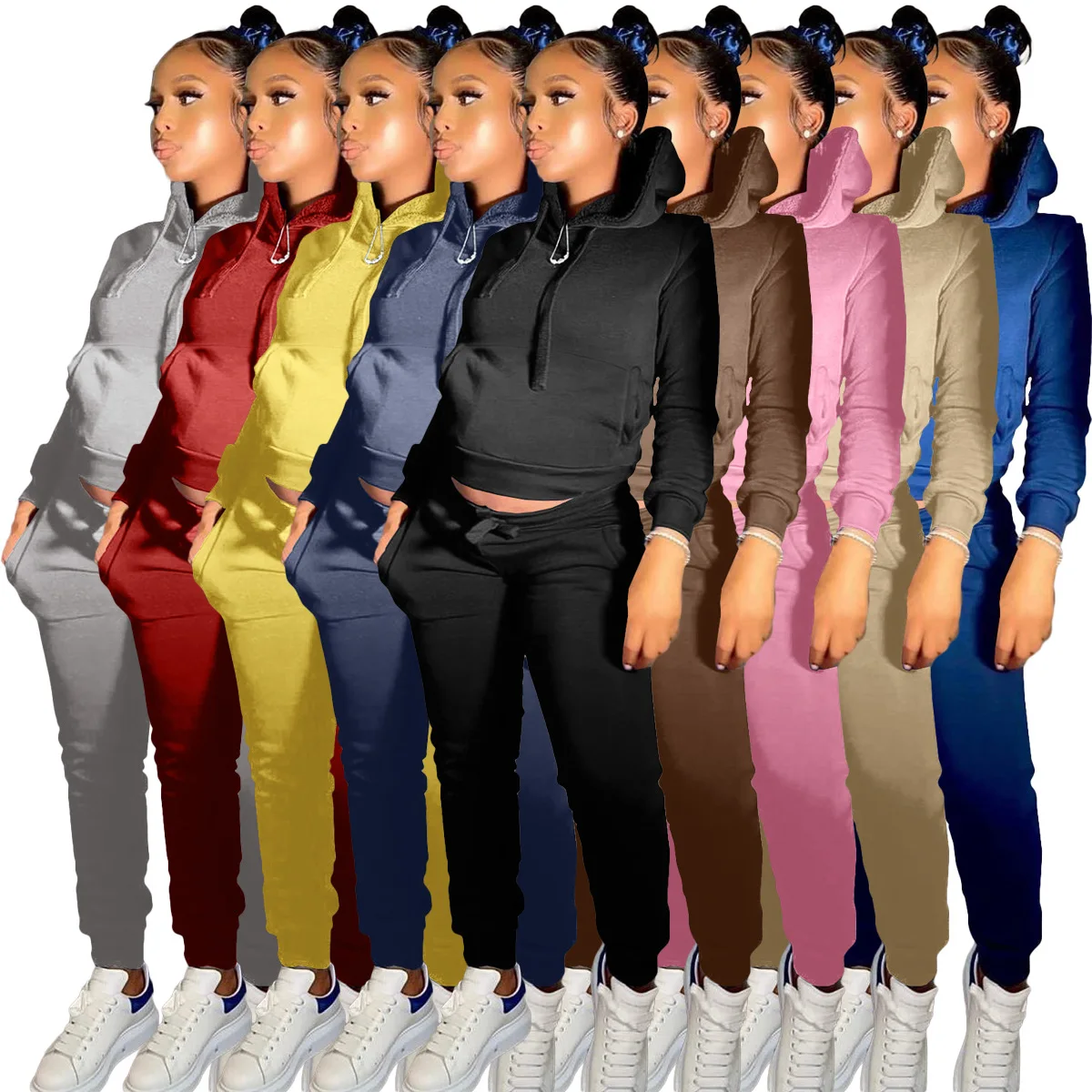 

Wholesale Women Tracksuit Winter Set New Arrivals Women Sweat Suit Set Trending Plus Size Women Thicken Hoodie and Jogger Set, 9 colors