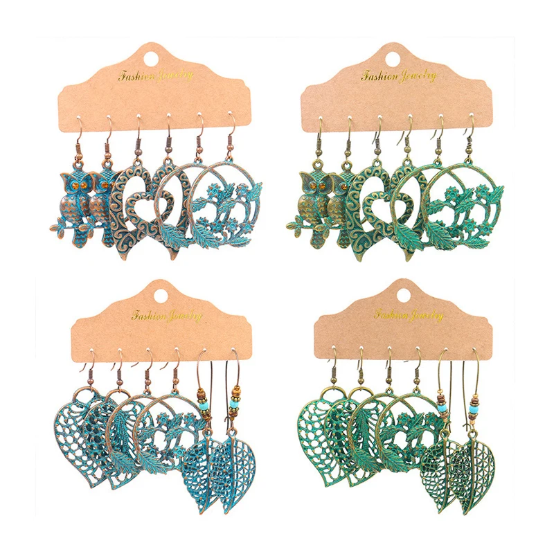 

3 Pairs/Set 2020 Women Vintage Plant Leaf Earring Set Female Statement Earrings Ethnic Bohemia Long Bronze Earrings Fashion, As picture