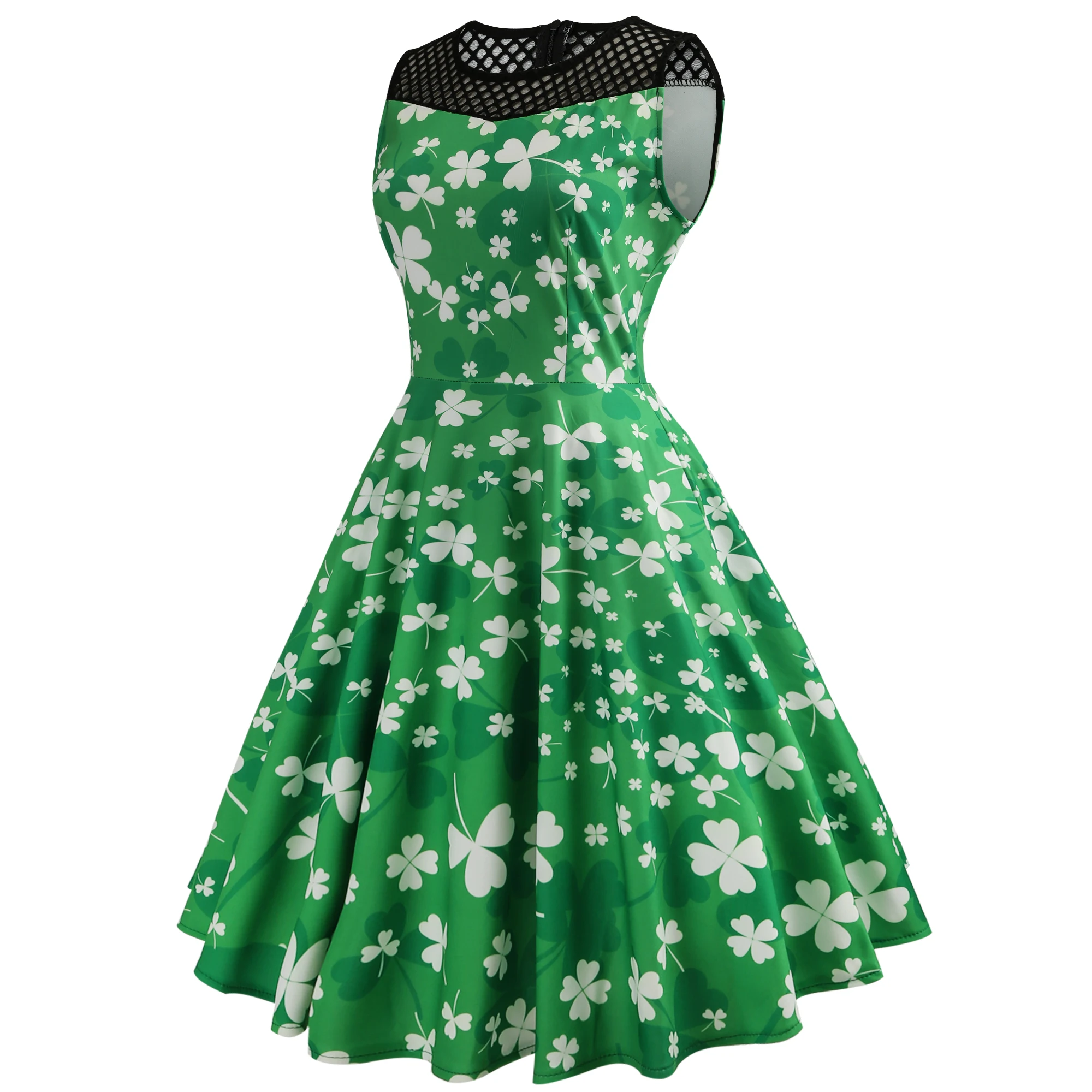 

Wholesale Women Sleeveless Gauze Four Leaf Clover Print Dress, As picture