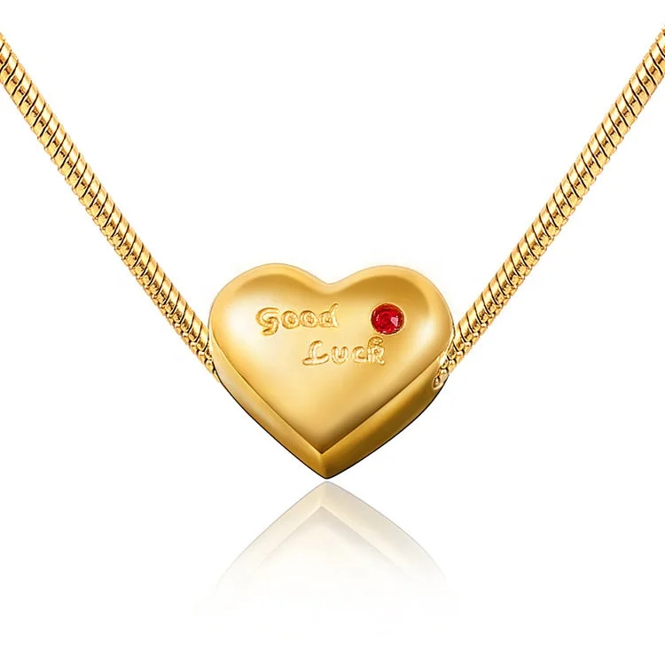 

Fashion Stainless Steel Red Zircon Stone Necklace Custom Engraving Good Luck Heart Pendant Necklace for Women, Gold color