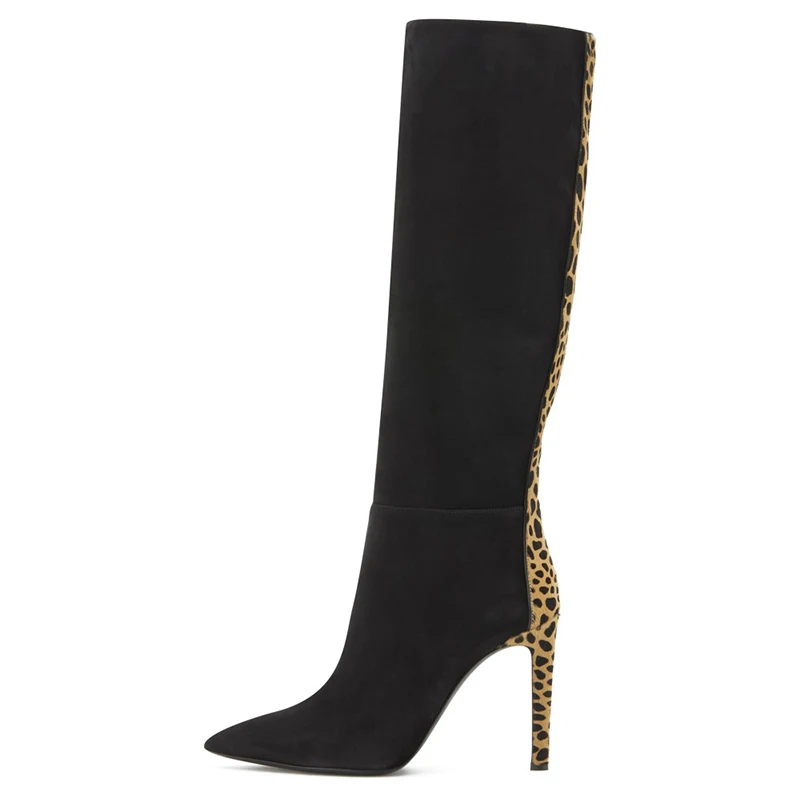 

Women Pointed toe Leopard Black Suede Stiletto High Heel Knee High Long Boots