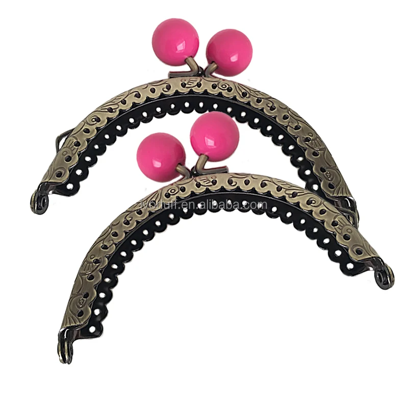 

Wholesale 2pcs Pink Ball Antique brass Tone Kiss Clasp Arch Purse