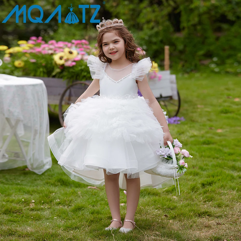 

MQATZ White Puffy Kids Dress Rose Flower Girl Wedding Ball Gown Evening Party Dress For Teen Girls L5365