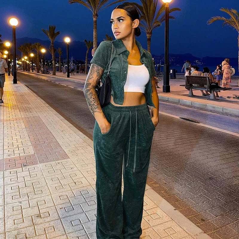 

Sandtree X21ST526 Short Sleeve Turndown Collar Shirt Top High Waist Pants Buttons Pocket Solid Color Two Piece Set Women Casual