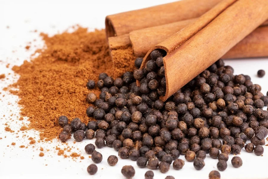 Cinnamon sticks and black peppercorns side by side
