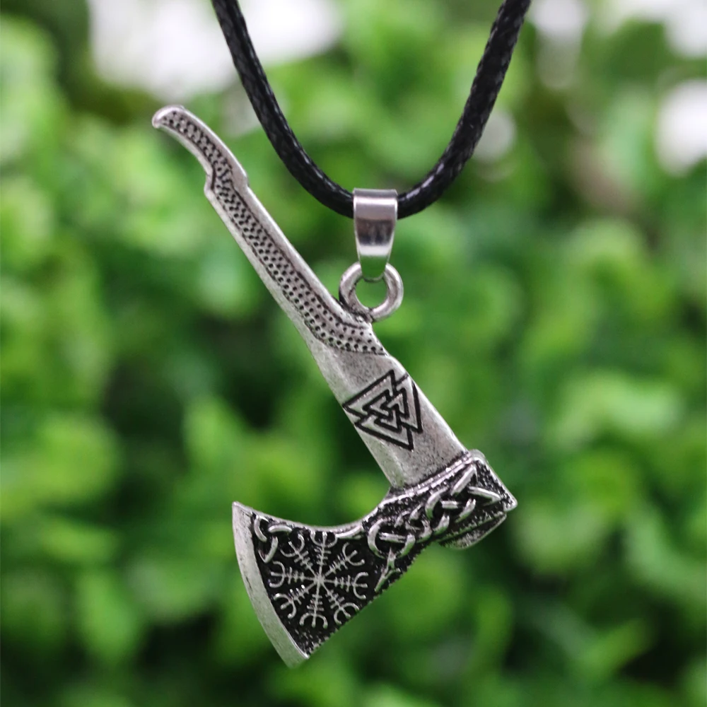 

LANGHONG Norse Viking Necklace Nordic Viking Valknut and Vegvisir Compass Axe Amulet Pendant Necklace For Men, Antique silver