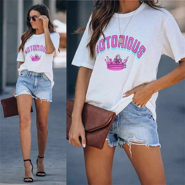 

2021 Summer Fashion New Crown Letter Printing Sweet Casual Short-sleeved T-shirt, Picture showed