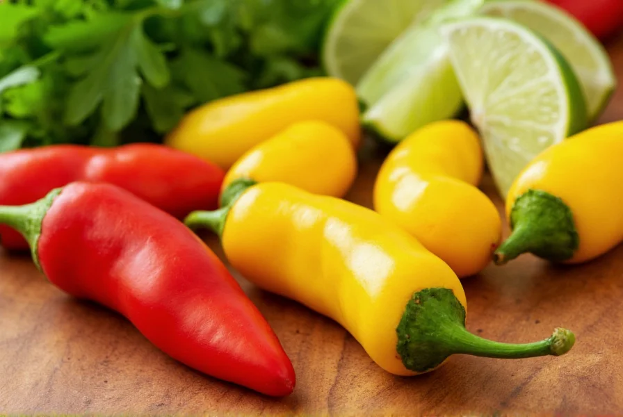 Close-up of fresh lemon drop chili peppers on a wooden cutting board with lime wedges and cilantro