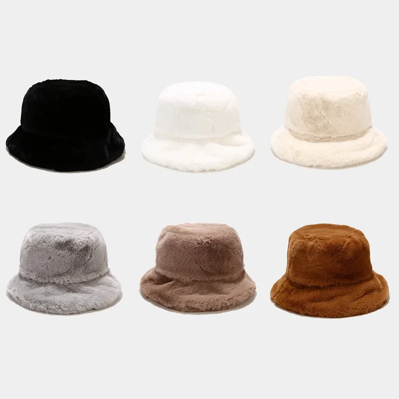 Wholesale Custom Logo Bulk Plain Blank Four Seasons Fluffy Polyester Rabbit Fur Cartoon Casual Unisex Bucket Hats Fishing Caps