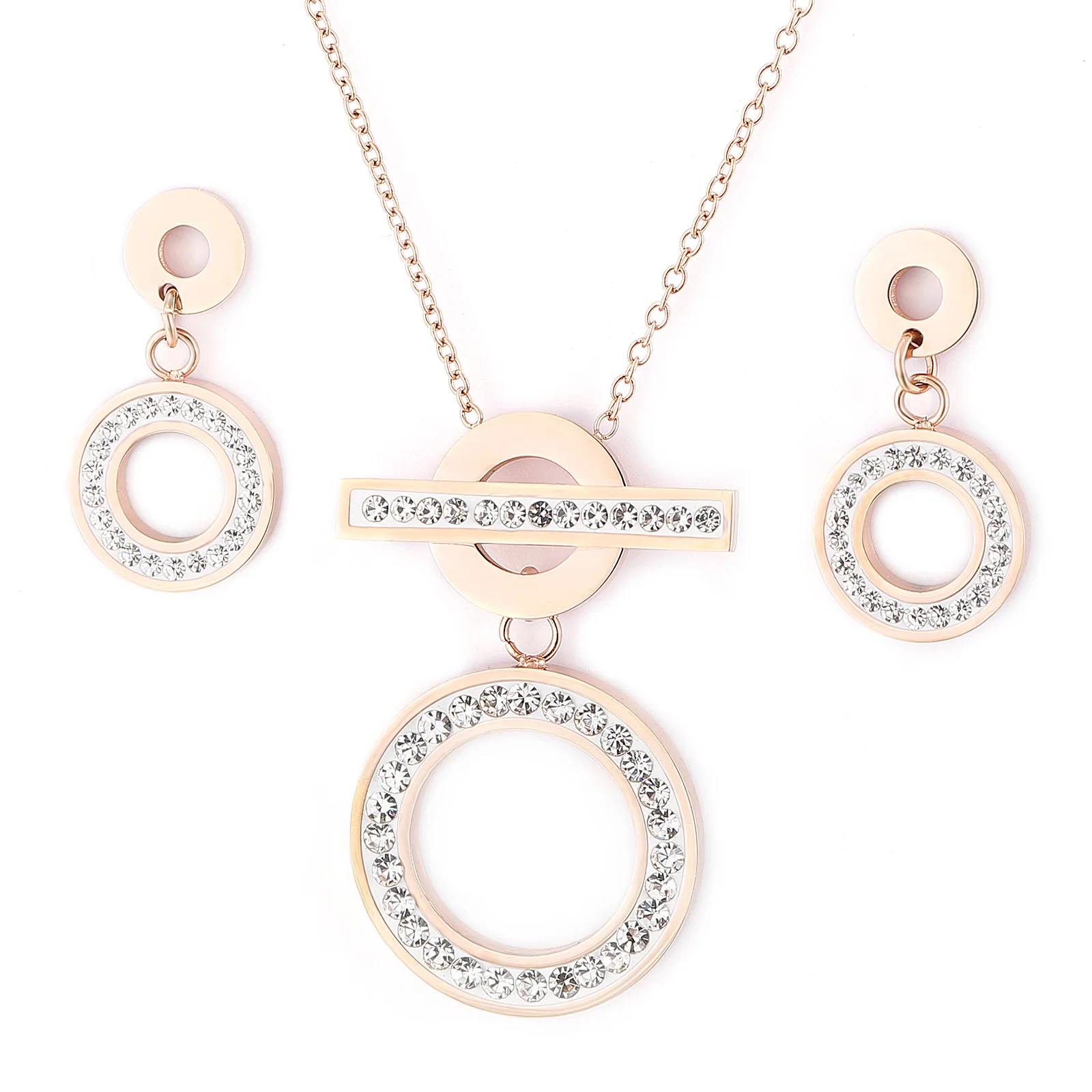 

High Quality Stainless Steel Fashion Inlaid Rhinestone Necklace And Earring Set Women Jewelry Set