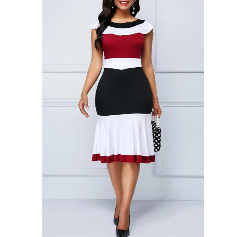 

2022 Summer Sleeveless Ruffles Color Blocking Elegant Bodycon Womens Commuter Mermaid Dresses