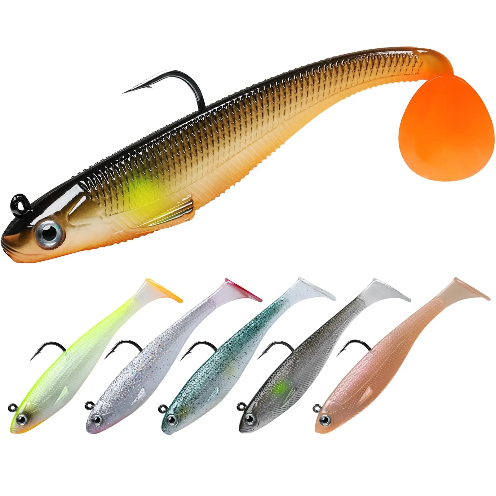 

TRUSCEND Pre-Rigged Jig Head Soft Fishing Lures Paddle Tail Swim baits for Bass Fishing Shad or Tadpole Lure with Fishing Bait, A-3.5"-0.45oz