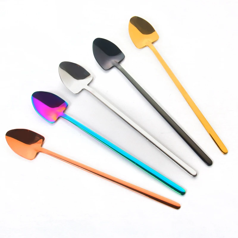 

Amazon hot sale customizable logo 304 stainless steel portable household long handle ice scoop coffee stirring tea spoon, Black / rainbow color / gold / rose gold / silver