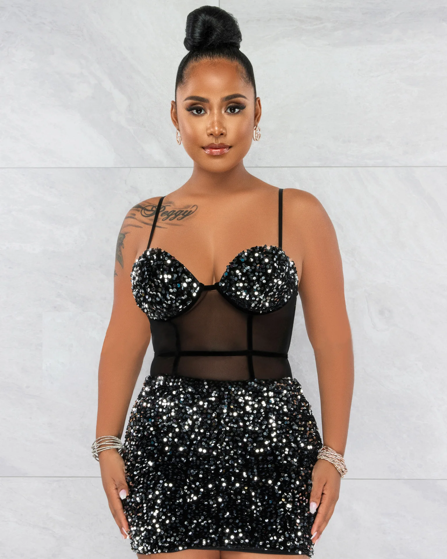 

Summer Sexy See Through Women Sleeveless Sequins Zipper Party Spaghetti Strap Dress Bodycon Mini Club Dresses, Picture color