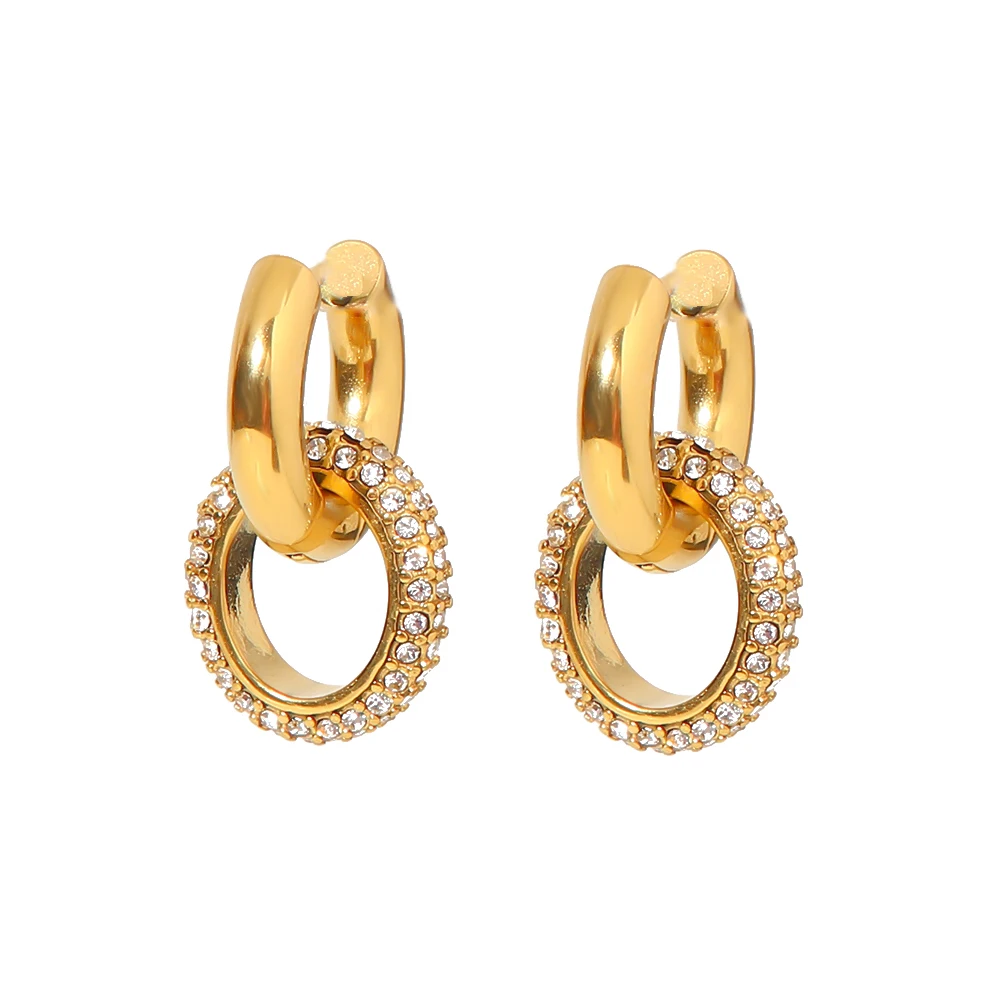 

Tarnish Free 18K Gold Plated Stainless Steel Earring Full Zircon Inlaid Double Hoop Earrings For Women